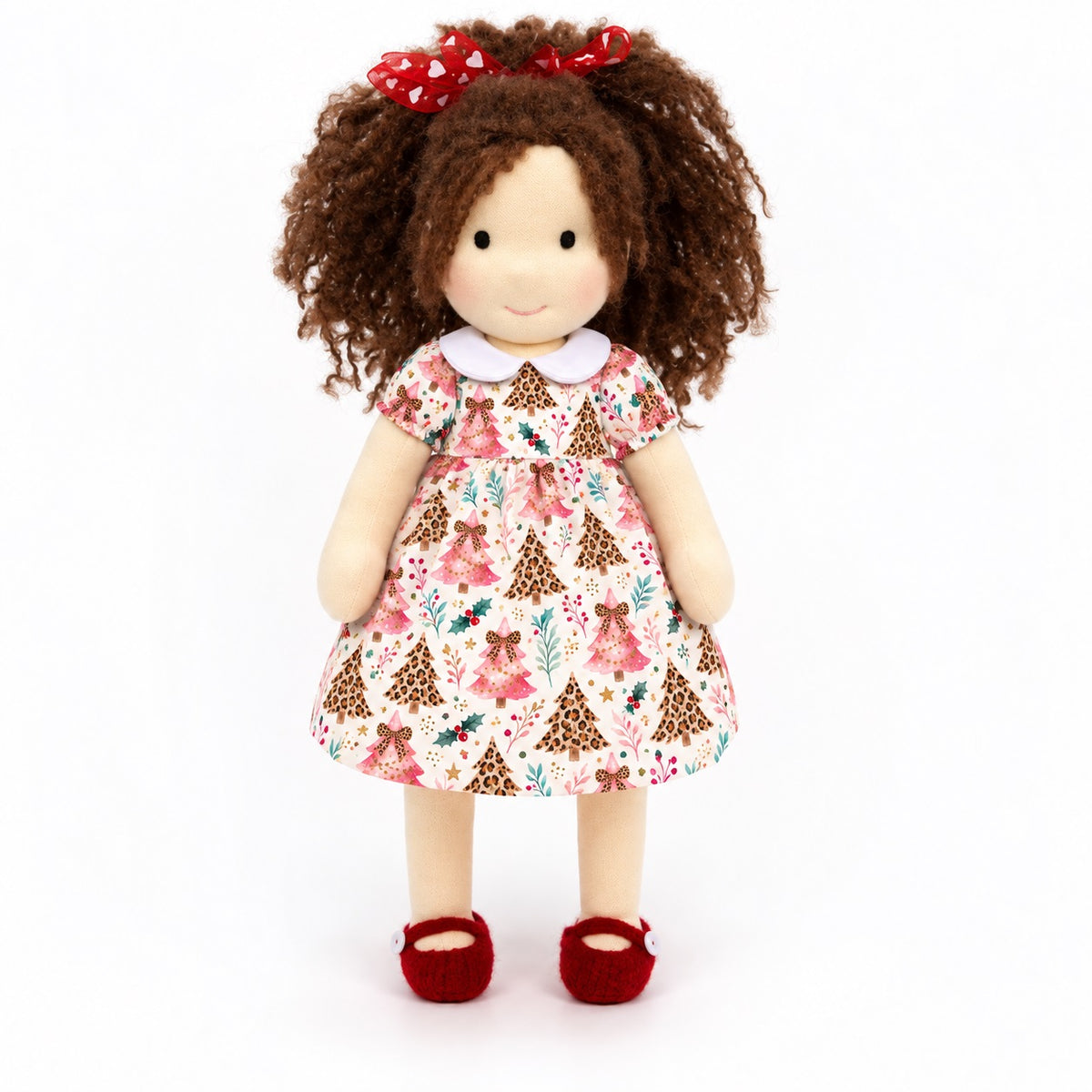 BlissfulPixie 12-Inch Handmade Waldorf Christmas Doll with Brown Curly Hair, Red Heart Bow, Pink Christmas Tree Dress & Red Knitted Shoes – Holiday Gift for Kids