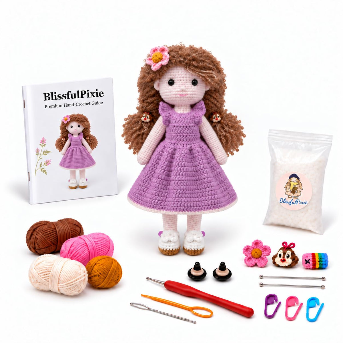 BlissfulPixie Waldorf Amigurumi Crochet Kit for Beginners, DIY Amy Doll with Purple Dress, Complete Yarn and Pattern Set, Craft Gift for Adults