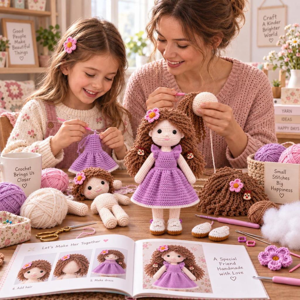 BlissfulPixie Waldorf Amigurumi Crochet Kit for Beginners, DIY Amy Doll with Purple Dress, Complete Yarn and Pattern Set, Craft Gift for Adults