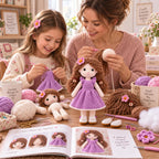 BlissfulPixie Waldorf Amigurumi Crochet Kit for Beginners, DIY Amy Doll with Purple Dress, Complete Yarn and Pattern Set, Craft Gift for Adults