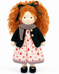 BlissfulPixie 12-Inch Handmade Waldorf Christmas Doll with Orange Curly Pigtails, Green Knitted Cardigan, Festive Christmas Tree Dress & Brown Shoes – Holiday Gift for Kids