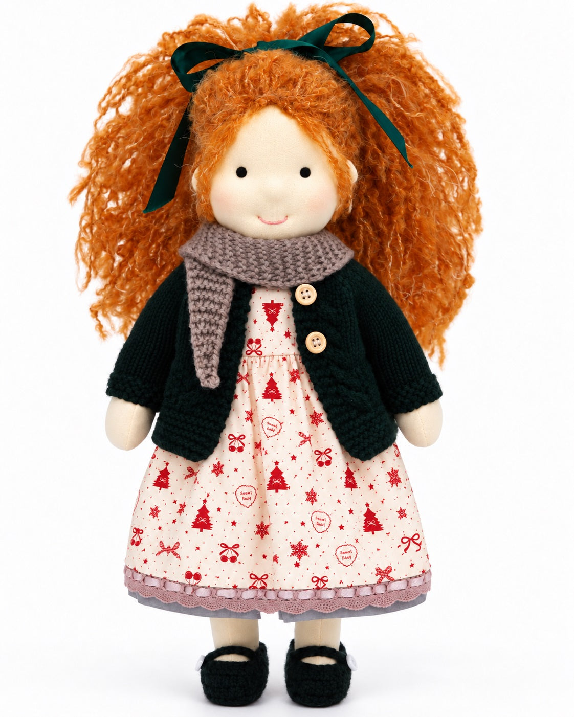 BlissfulPixie 12-Inch Handmade Waldorf Christmas Doll with Orange Curly Pigtails, Green Knitted Cardigan, Festive Christmas Tree Dress & Brown Shoes – Holiday Gift for Kids