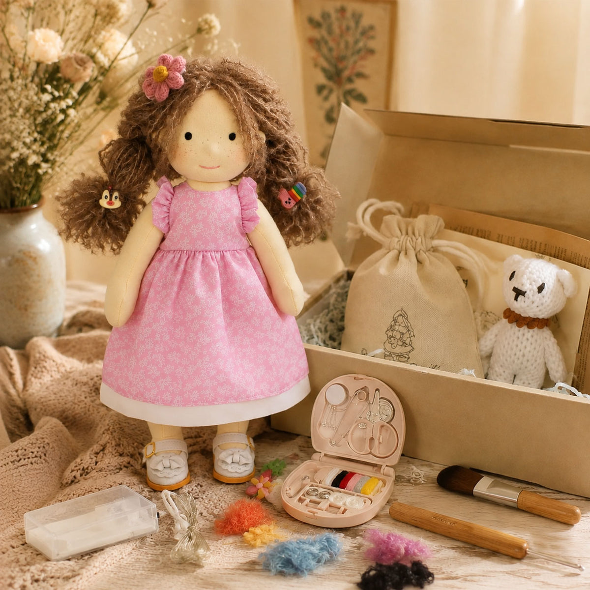 BlissfulPixie 12" Waldorf Doll Amy, Handmade Soft Rag Doll for Girls with DIY Hair Styling Kit, 4 Color Hair Set, Teddy Bear, Makeup Tools & Gift Box Set, Creative Birthday Christmas Gift-BlissfulPixie