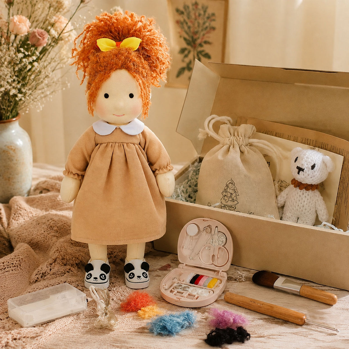 BlissfulPixie 12" Waldorf Doll Ada, Handmade Soft Rag Doll for Girls with DIY Hair Styling Kit, 4 Color Hair Set, Teddy Bear, Makeup Tools & Gift Box Set, Creative Birthday Christmas Gift-BlissfulPixie