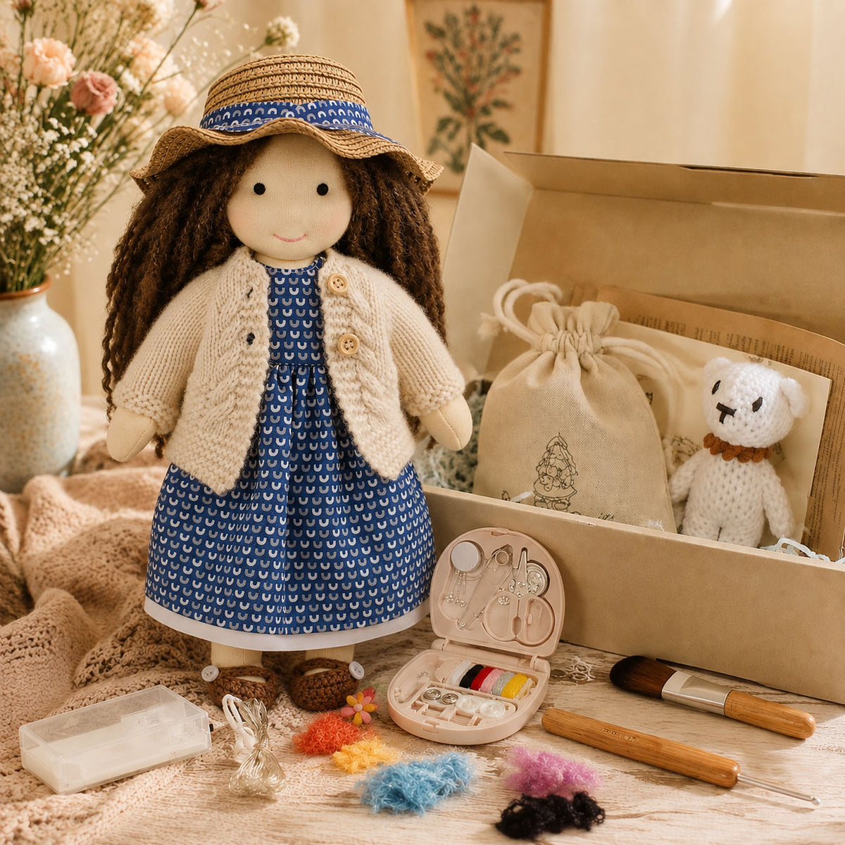 BlissfulPixie 12" Waldorf Doll Basia, Handmade Soft Rag Doll for Girls with DIY Hair Styling Kit, 4 Color Hair Set, Teddy Bear, Makeup Tools & Gift Box Set, Creative Birthday Christmas Gift-BlissfulPixie