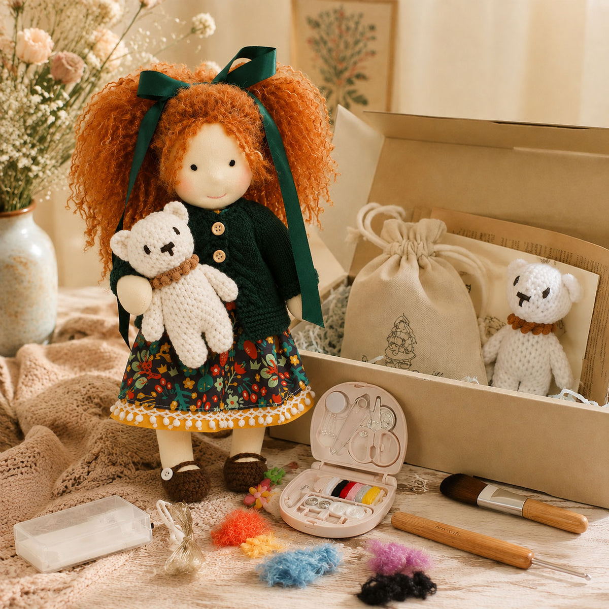 BlissfulPixie 12" Waldorf Doll Hanne, Handmade Soft Rag Doll for Girls with DIY Hair Styling Kit, 4 Color Hair Set, Teddy Bear, Makeup Tools & Gift Box Set, Creative Birthday Christmas Gift-BlissfulPixie