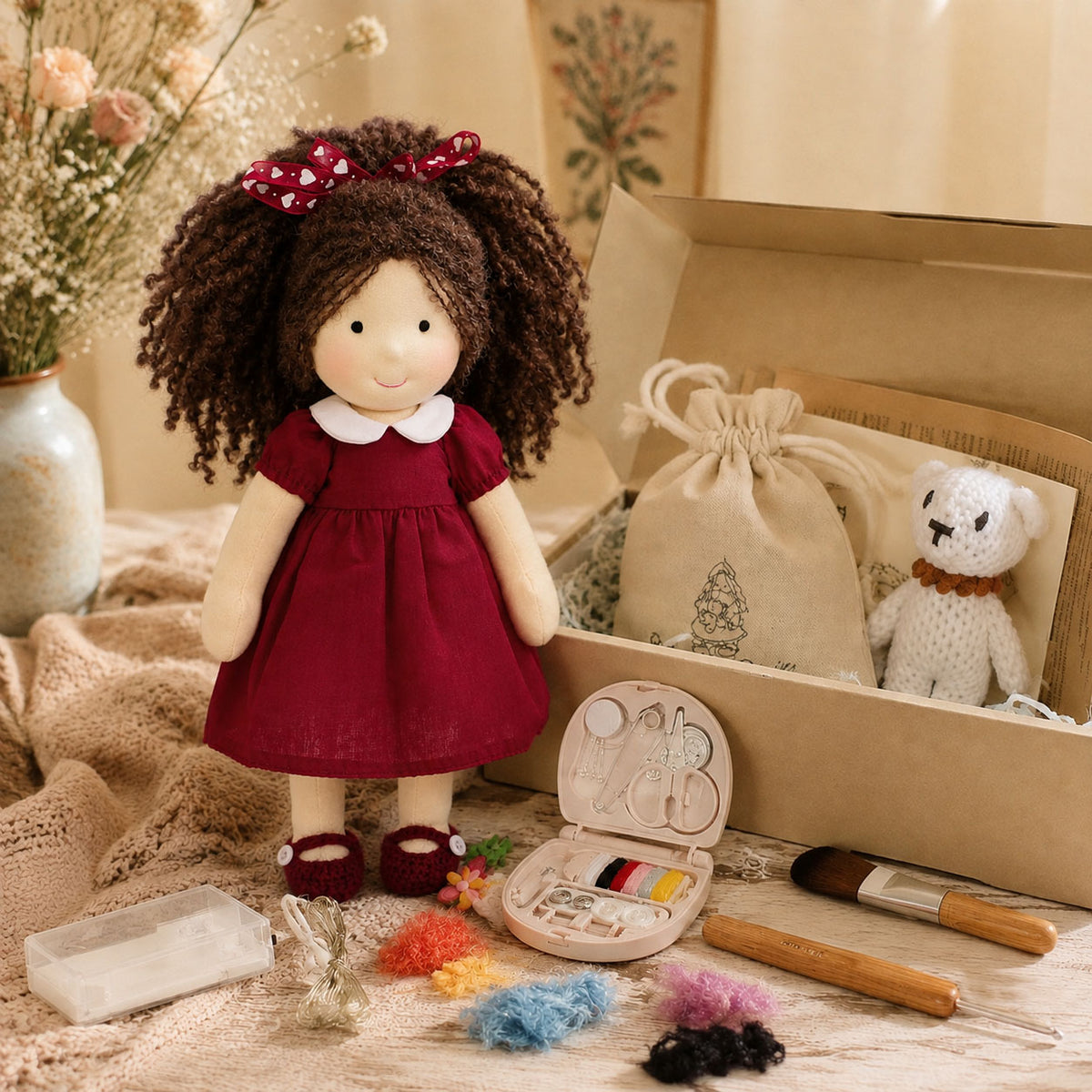 BlissfulPixie 12" Waldorf Doll Eleanor, Handmade Soft Rag Doll for Girls with DIY Hair Styling Kit, 4 Color Hair Set, Teddy Bear, Makeup Tools & Gift Box Set, Creative Birthday Christmas Gift-BlissfulPixie
