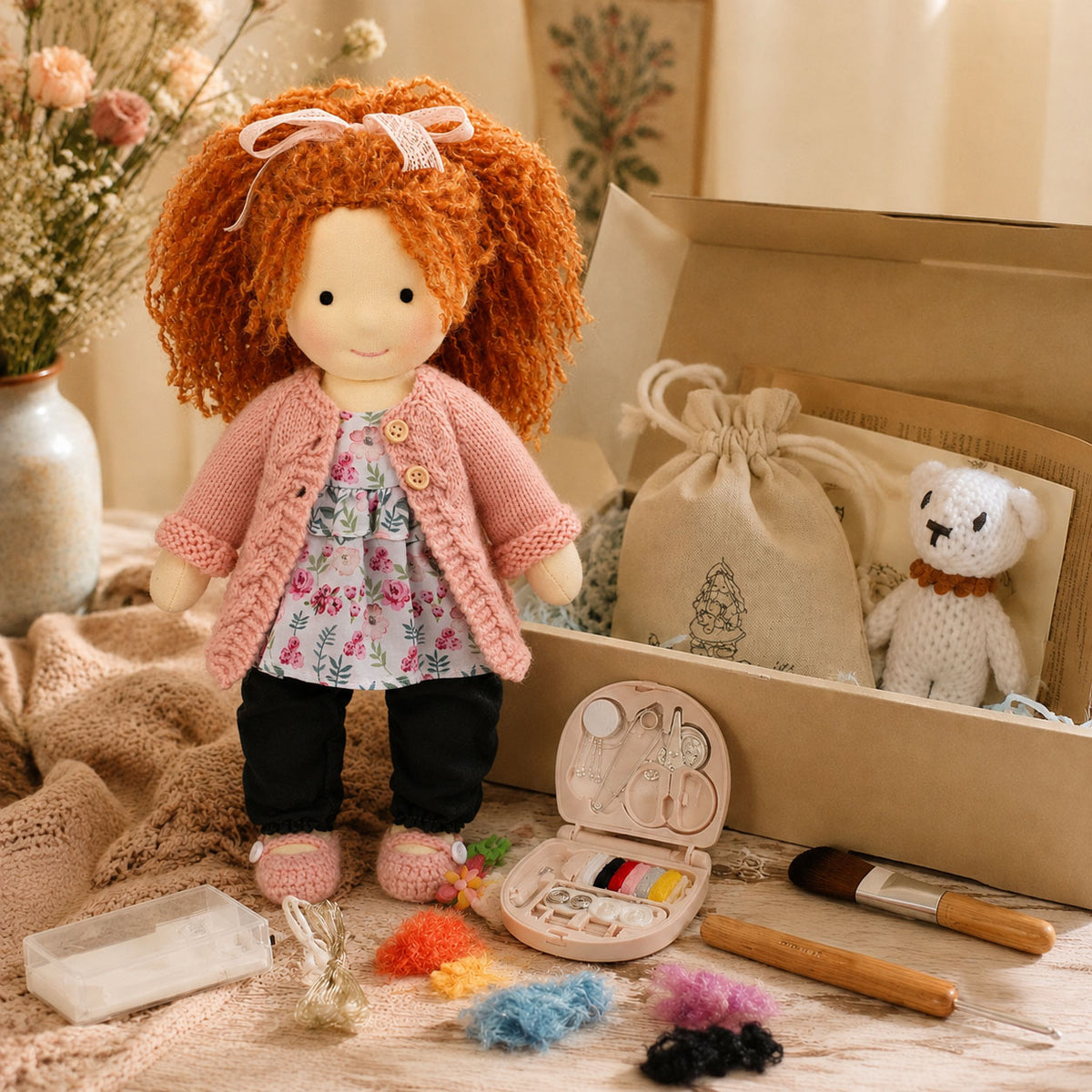 BlissfulPixie 12" Waldorf Doll Elsee, Handmade Soft Rag Doll for Girls with DIY Hair Styling Kit, 4 Color Hair Set, Teddy Bear, Makeup Tools & Gift Box Set, Creative Birthday Christmas Gift-BlissfulPixie