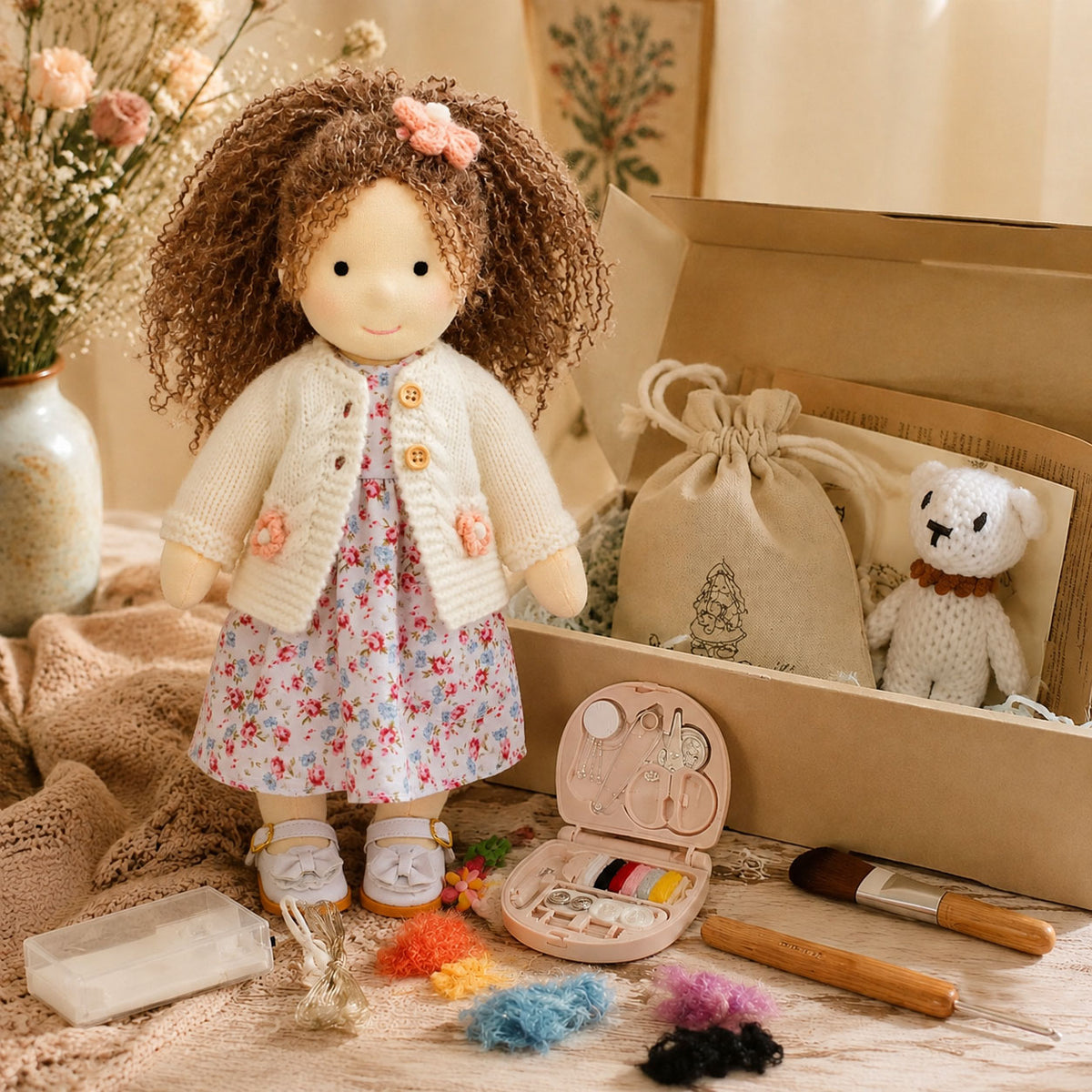 BlissfulPixie 12" Waldorf Doll Amber, Handmade Soft Rag Doll for Girls with DIY Hair Styling Kit, 4 Color Hair Set, Teddy Bear, Makeup Tools & Gift Box Set, Creative Birthday Christmas Gift-BlissfulPixie