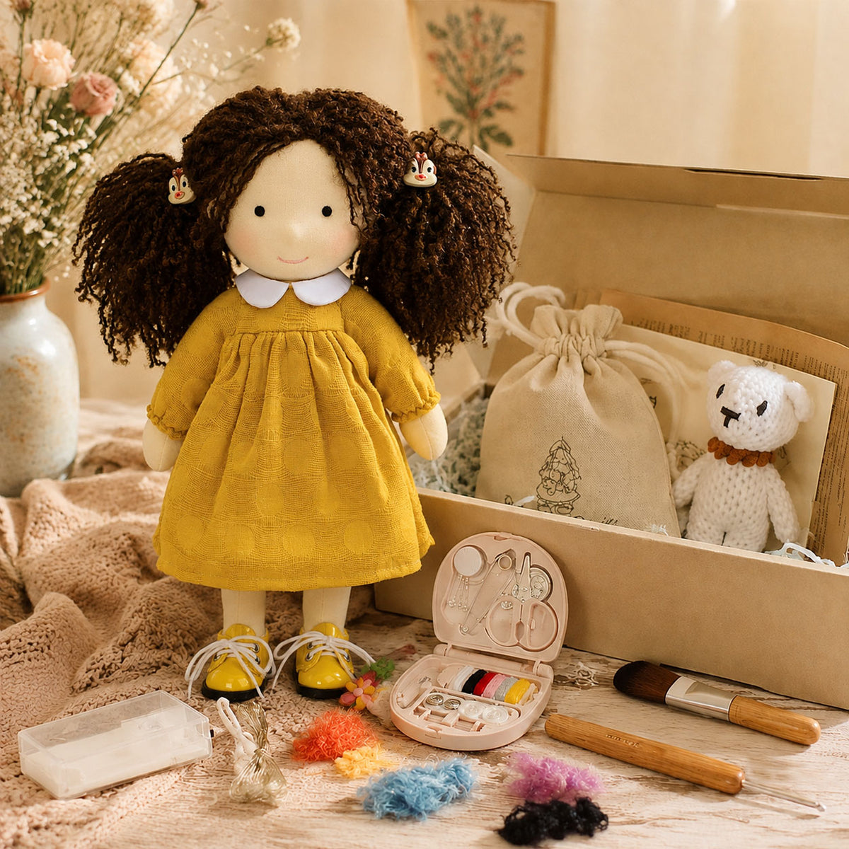 BlissfulPixie 12" Waldorf Doll Inka , Handmade Soft Rag Doll for Girls with DIY Hair Styling Kit, 4 Color Hair Set, Teddy Bear, Makeup Tools & Gift Box Set, Creative Birthday Christmas Gift-BlissfulPixie