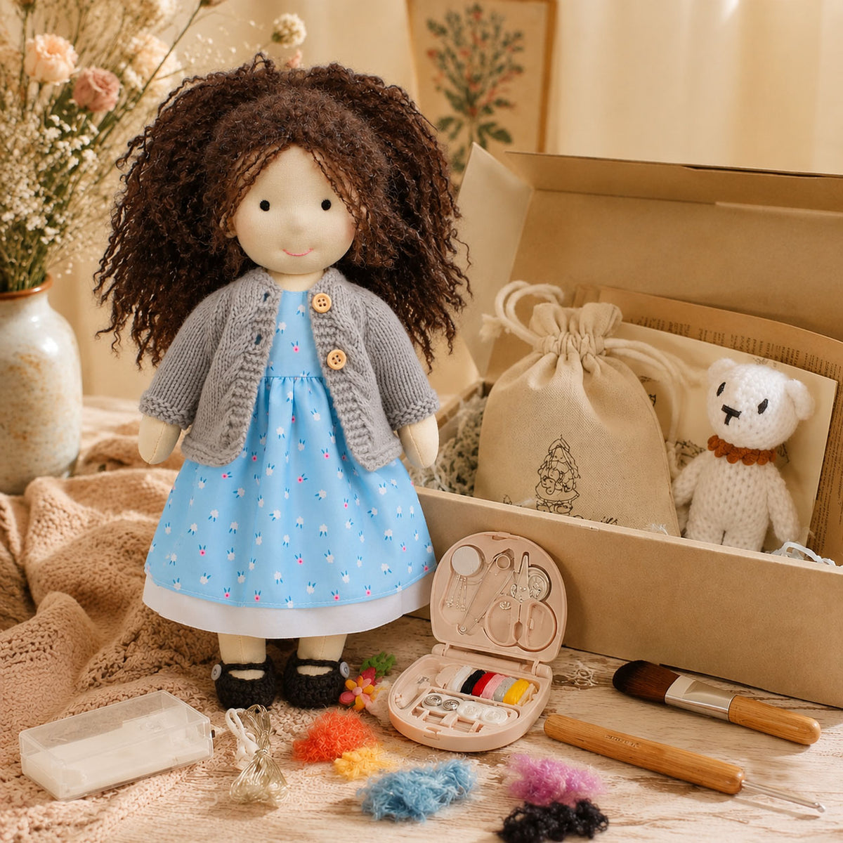 BlissfulPixie 12" Waldorf Doll Louise, Handmade Soft Rag Doll for Girls with DIY Hair Styling Kit, 4 Color Hair Set, Teddy Bear, Makeup Tools & Gift Box Set, Creative Birthday Christmas Gift-BlissfulPixie