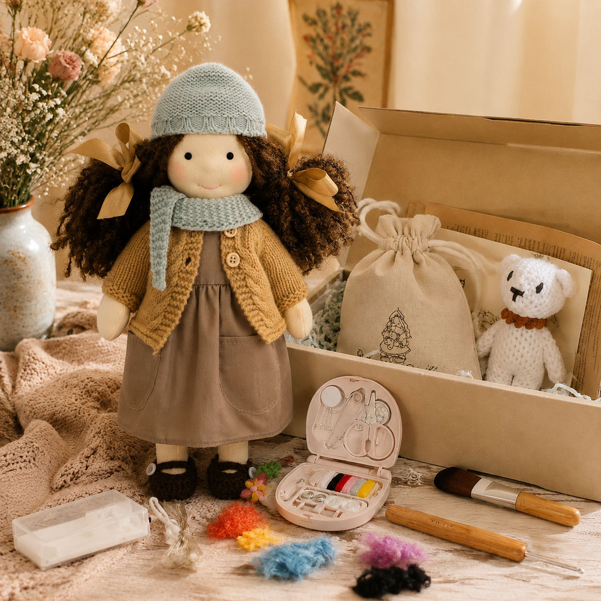 BlissfulPixie 12" Waldorf Doll Zoey, Handmade Soft Rag Doll for Girls with DIY Hair Styling Kit, 4 Color Hair Set, Teddy Bear, Makeup Tools & Gift Box Set, Creative Birthday Christmas Gift-BlissfulPixie