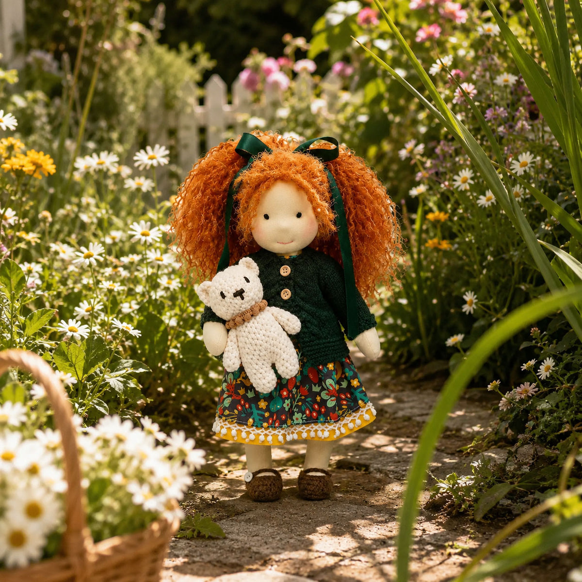 BlissfulPixie 12" Waldorf Doll Hanne, Handmade Soft Rag Doll for Girls with DIY Hair Styling Kit, 4 Color Hair Set, Teddy Bear, Makeup Tools & Gift Box Set, Creative Birthday Christmas Gift-BlissfulPixie