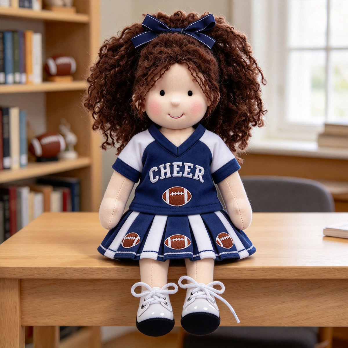 Blissfulpixie 12-Inch Handmade Waldorf Doll – Cheerleader Doll with Curly Brown Hair, Blue & White Football Outfit, Bow Headband & Sneakers