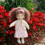 BlissfulPixie 12-Inch Waldorf-Style Doll with Brown Curly Hair, Pink Bow Hair Clip, Cream Knitted Cardigan, Bunny Print Dress & White Mary Jane Shoes – Cute Gift for Kids