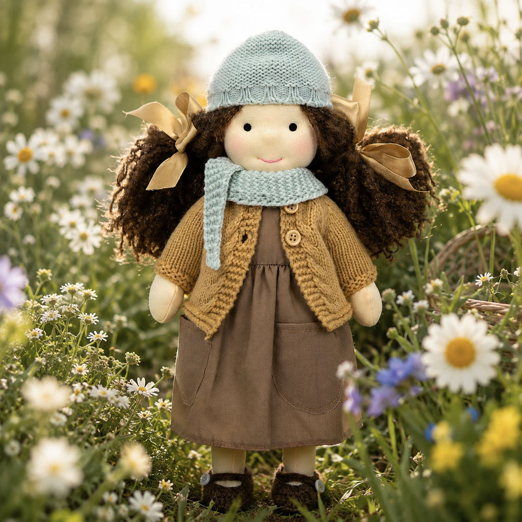 BlissfulPixie 12" Waldorf Doll Zoey, Handmade Soft Rag Doll for Girls with DIY Hair Styling Kit, 4 Color Hair Set, Teddy Bear, Makeup Tools & Gift Box Set, Creative Birthday Christmas Gift-BlissfulPixie