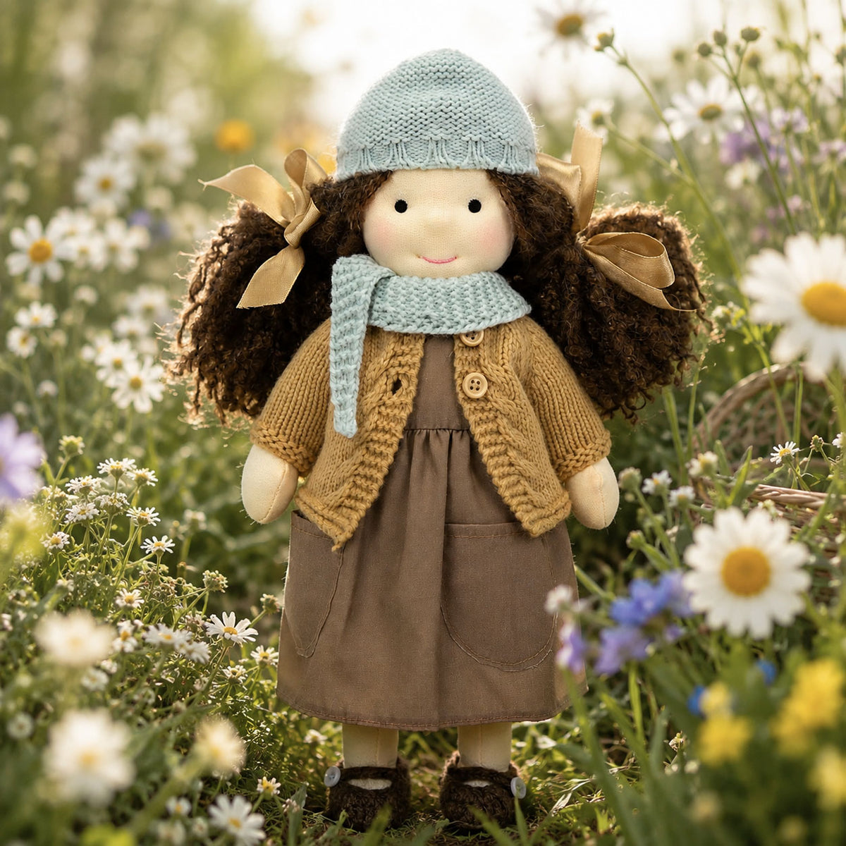 BlissfulPixie 12" Waldorf Doll Zoey, Handmade Soft Rag Doll for Girls with DIY Hair Styling Kit, 4 Color Hair Set, Teddy Bear, Makeup Tools & Gift Box Set, Creative Birthday Christmas Gift-BlissfulPixie