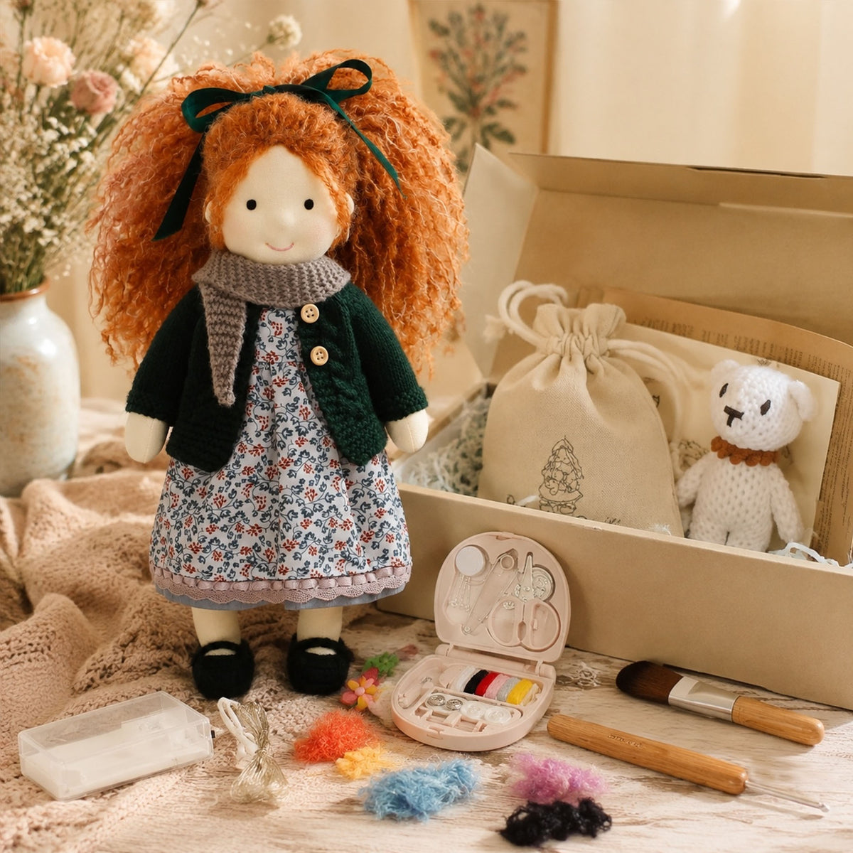 BlissfulPixie 12" Waldorf Doll Diana, Handmade Soft Rag Doll for Girls with DIY Hair Styling Kit, 4 Color Hair Set, Teddy Bear, Makeup Tools & Gift Box Set, Creative Birthday Christmas Gift-BlissfulPixie