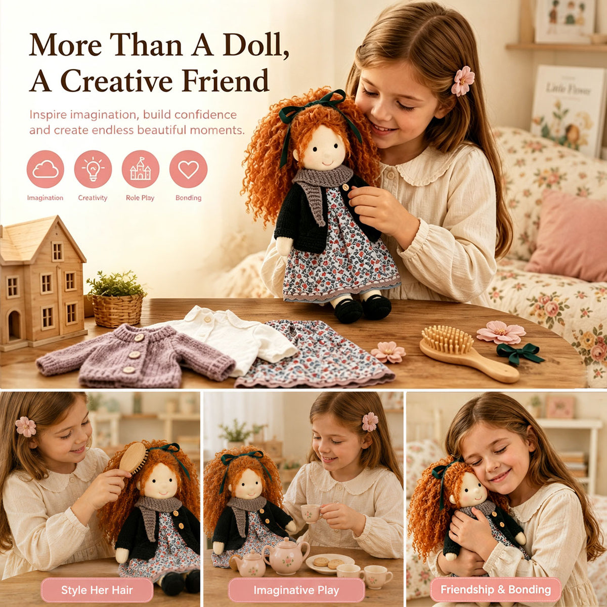[Halloween Limited Edition ]BlissfulPixie 12" Waldorf Doll Diana, Handmade Soft Rag Doll for Girls with DIY Hair Styling Kit, 4 Color Hair Set, Teddy Bear, Makeup Tools & Gift Box Set, Creative Birthday Christmas Gift-BlissfulPixie