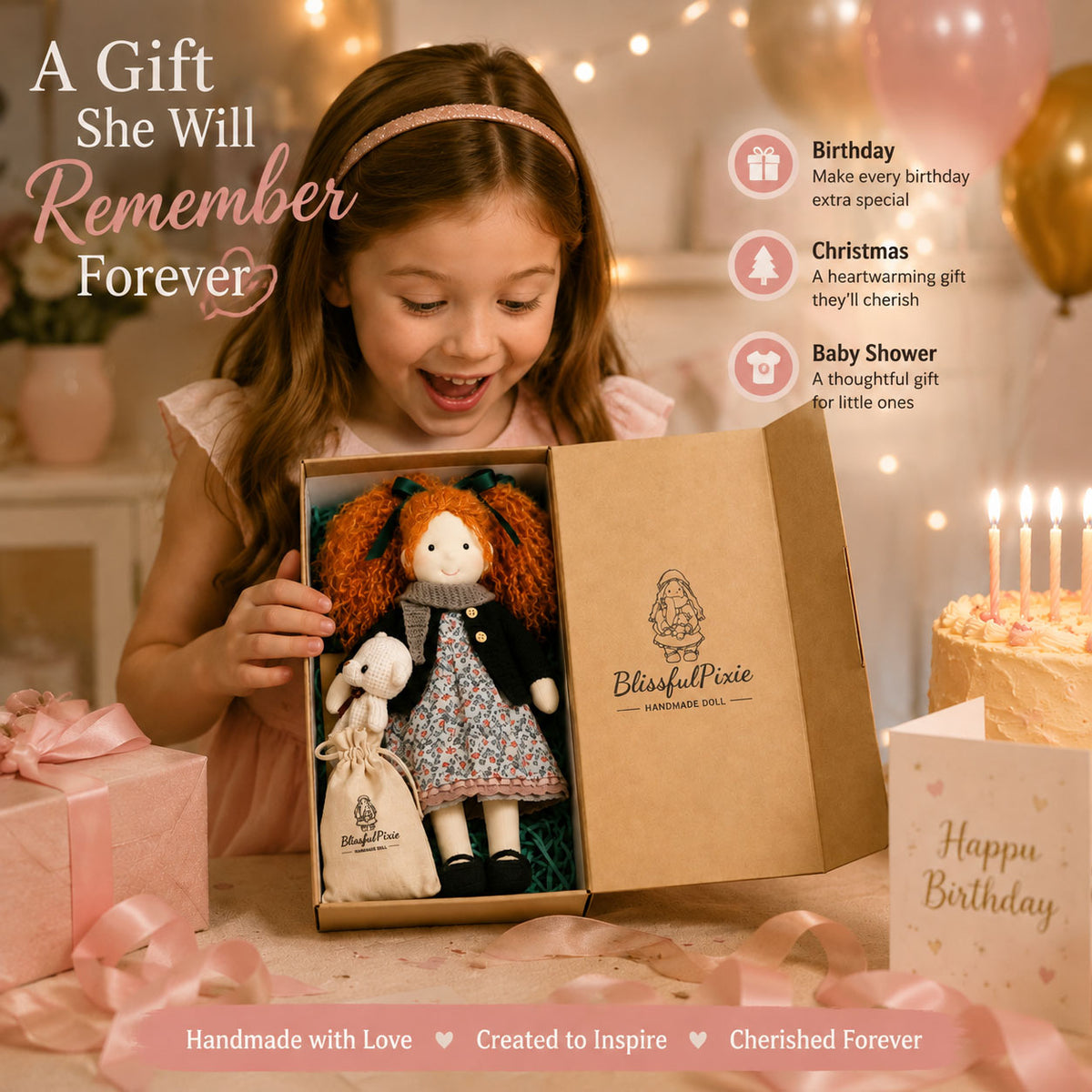 [Halloween Limited Edition ]BlissfulPixie 12" Waldorf Doll Diana, Handmade Soft Rag Doll for Girls with DIY Hair Styling Kit, 4 Color Hair Set, Teddy Bear, Makeup Tools & Gift Box Set, Creative Birthday Christmas Gift-BlissfulPixie