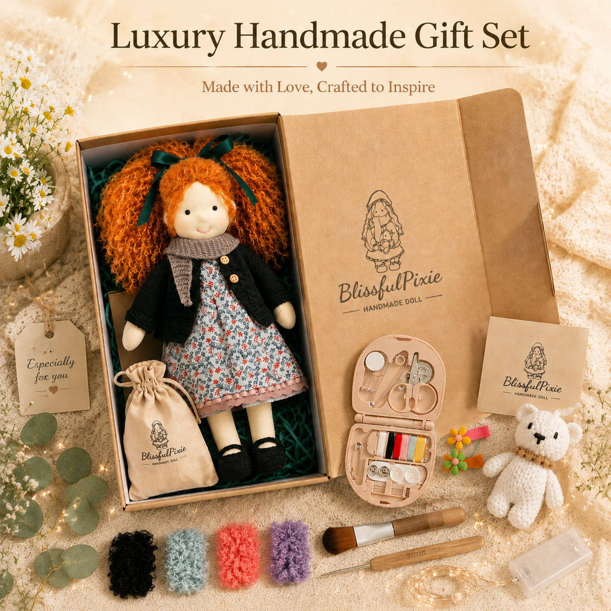 BlissfulPixie 12" Waldorf Doll Diana, Handmade Soft Rag Doll for Girls with DIY Hair Styling Kit, 4 Color Hair Set, Teddy Bear, Makeup Tools & Gift Box Set, Creative Birthday Christmas Gift-BlissfulPixie