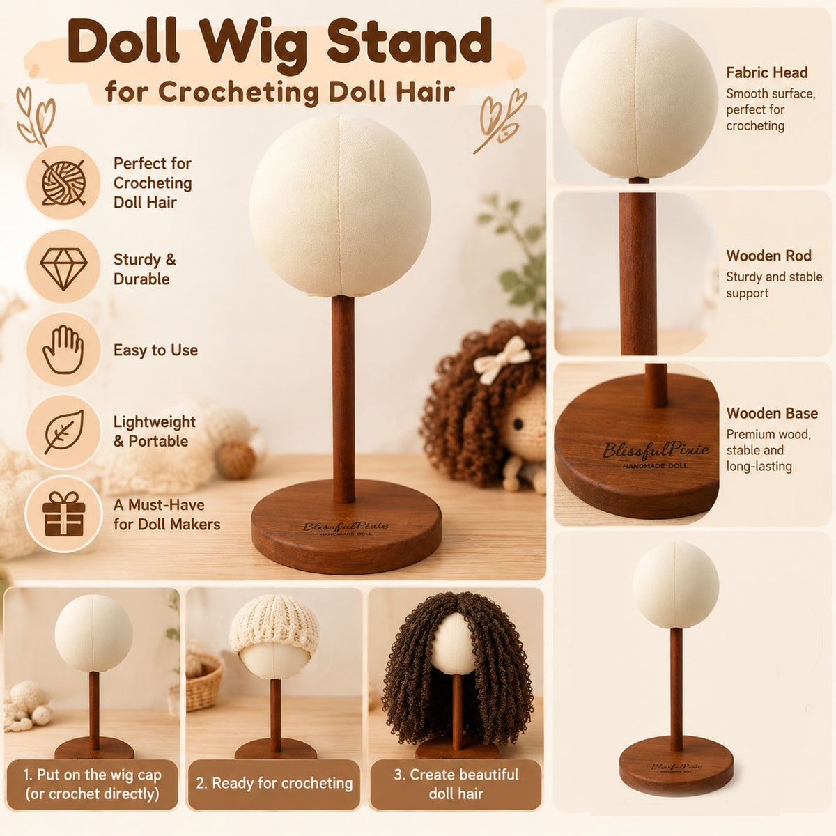 Doll Hair Crocheting DIY Tool Kit for Handmade Dolls, Wig Cap, Doll Hair Yarn, 2.0mm Crochet Hook Set, Doll Wig Making Supplies for Waldorf Dolls, Amigurumi and DIY Doll Hair Craft