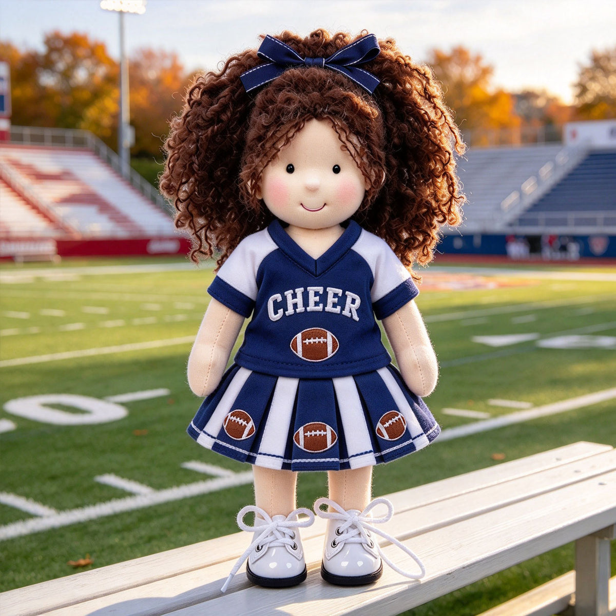 Blissfulpixie 12-Inch Handmade Waldorf Doll – Cheerleader Doll with Curly Brown Hair, Blue & White Football Outfit, Bow Headband & Sneakers