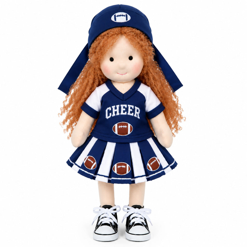 Blissfulpixie Handmade 12-Inch Waldorf Doll, Football Cheerleader Rag Doll with Red Curly Hair, Navy Blue One-Piece Dress, Football-Themed Outfit and Cap, Soft Cloth Doll Gift for Girls