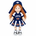 Blissfulpixie Handmade 12-Inch Waldorf Doll, Football Cheerleader Rag Doll with Red Curly Hair, Navy Blue One-Piece Dress, Football-Themed Outfit and Cap, Soft Cloth Doll Gift for Girls
