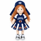 Blissfulpixie Handmade 12-Inch Waldorf Doll, Football Cheerleader Rag Doll with Red Curly Hair, Navy Blue One-Piece Dress, Football-Themed Outfit and Cap, Soft Cloth Doll Gift for Girls