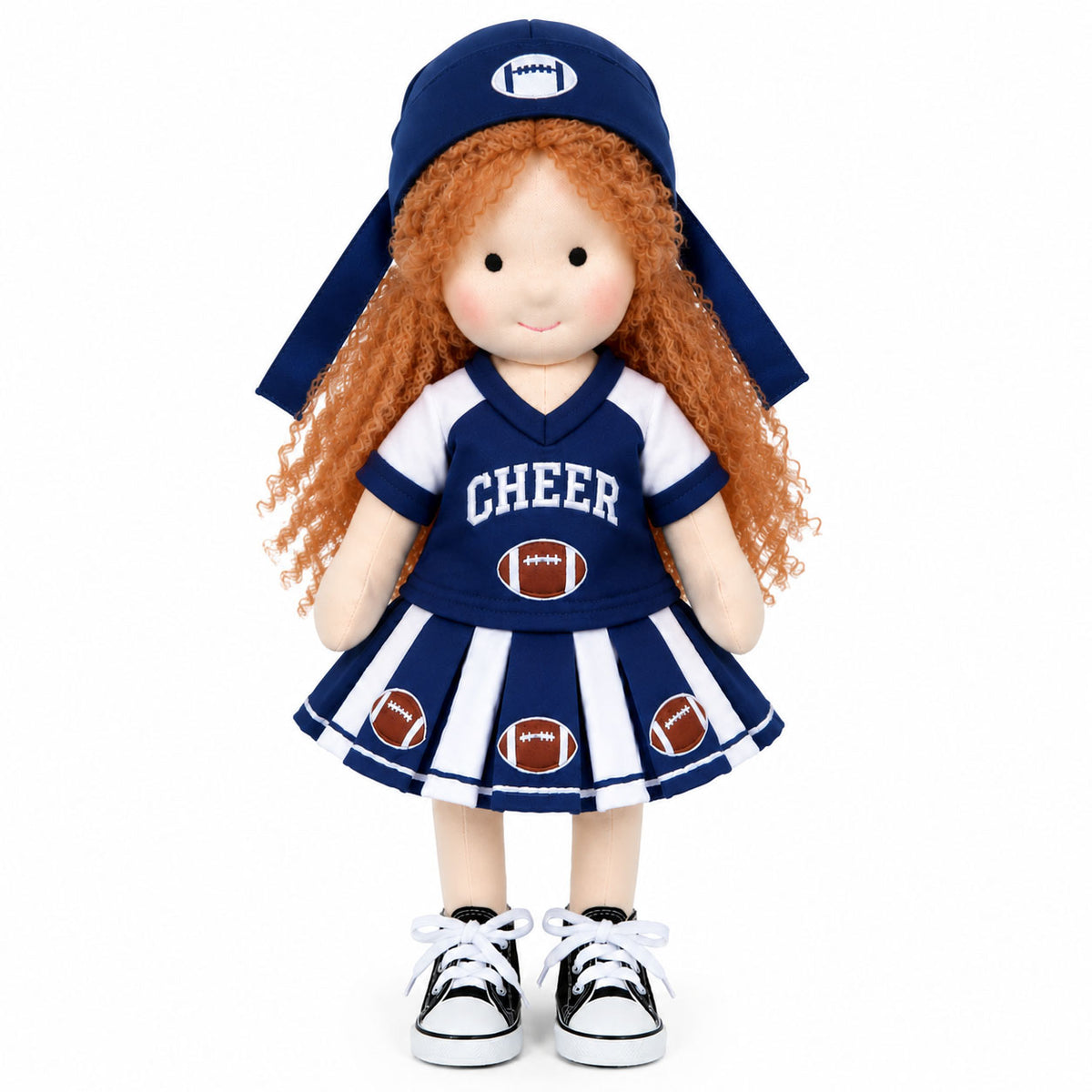 Blissfulpixie Handmade 12-Inch Waldorf Doll, Football Cheerleader Rag Doll with Red Curly Hair, Navy Blue One-Piece Dress, Football-Themed Outfit and Cap, Soft Cloth Doll Gift for Girls