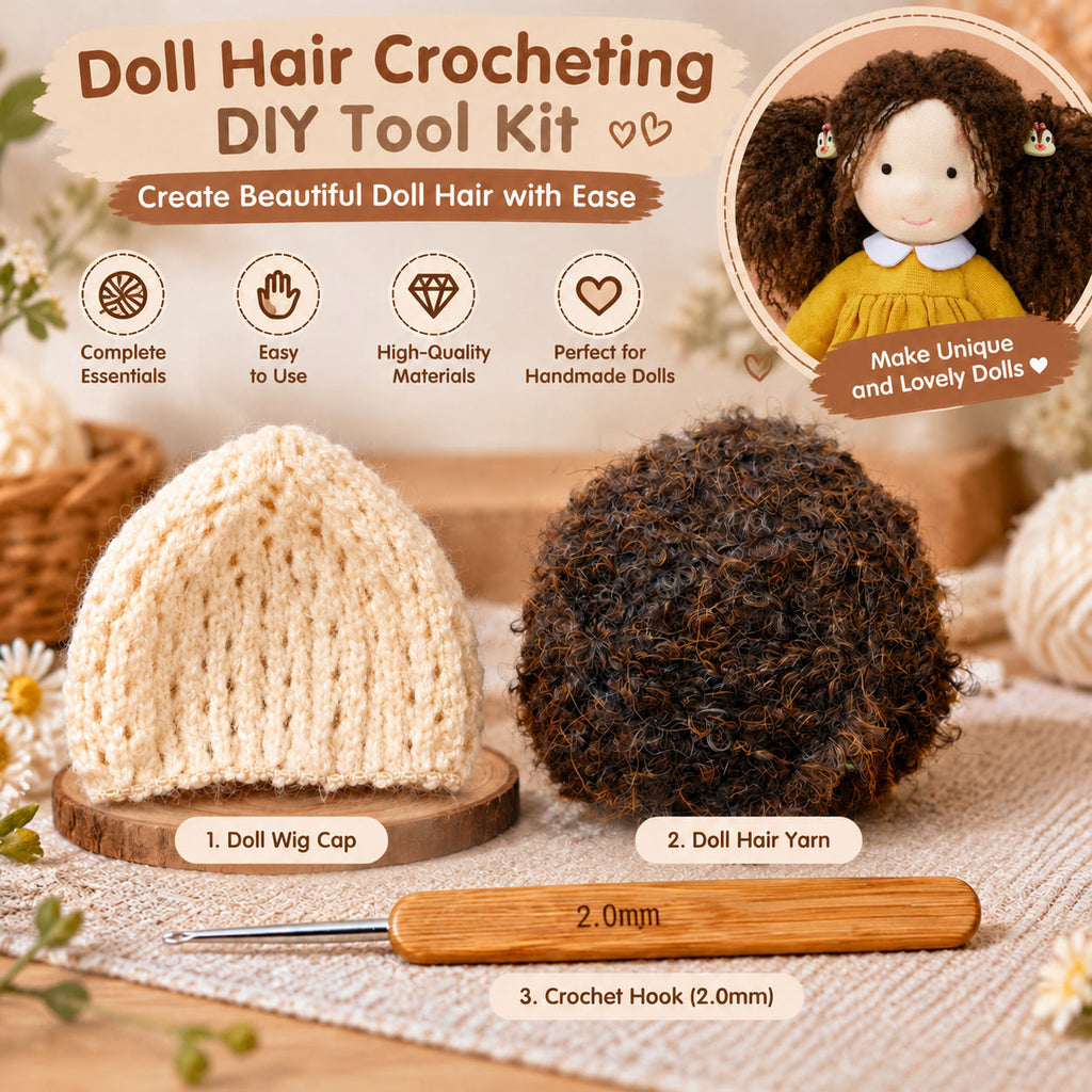 Doll Hair Crocheting DIY Tool Kit for Handmade Dolls, Wig Cap, Doll Hair Yarn, 2.0mm Crochet Hook Set, Doll Wig Making Supplies for Waldorf Dolls, Amigurumi and DIY Doll Hair Craft