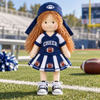Blissfulpixie Handmade 12-Inch Waldorf Doll, Football Cheerleader Rag Doll with Red Curly Hair, Navy Blue One-Piece Dress, Football-Themed Outfit and Cap, Soft Cloth Doll Gift for Girls
