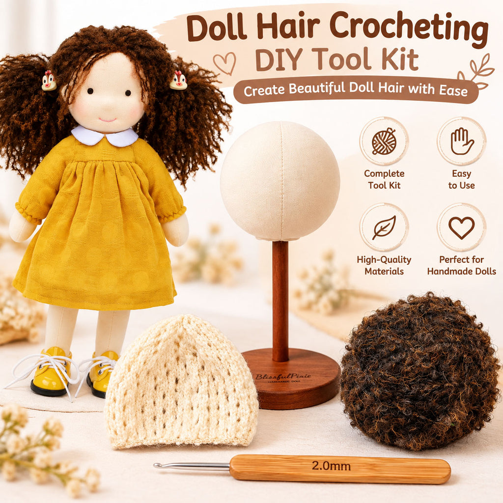Doll Hair Crocheting DIY Tool Kit for Handmade Dolls, Wig Cap, Doll Hair Yarn, 2.0mm Crochet Hook Set, Doll Wig Making Supplies for Waldorf Dolls, Amigurumi and DIY Doll Hair Craft