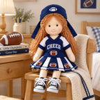 Blissfulpixie Handmade 12-Inch Waldorf Doll, Football Cheerleader Rag Doll with Red Curly Hair, Navy Blue One-Piece Dress, Football-Themed Outfit and Cap, Soft Cloth Doll Gift for Girls