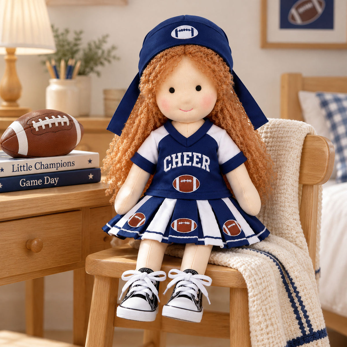 Blissfulpixie Handmade 12-Inch Waldorf Doll, Football Cheerleader Rag Doll with Red Curly Hair, Navy Blue One-Piece Dress, Football-Themed Outfit and Cap, Soft Cloth Doll Gift for Girls