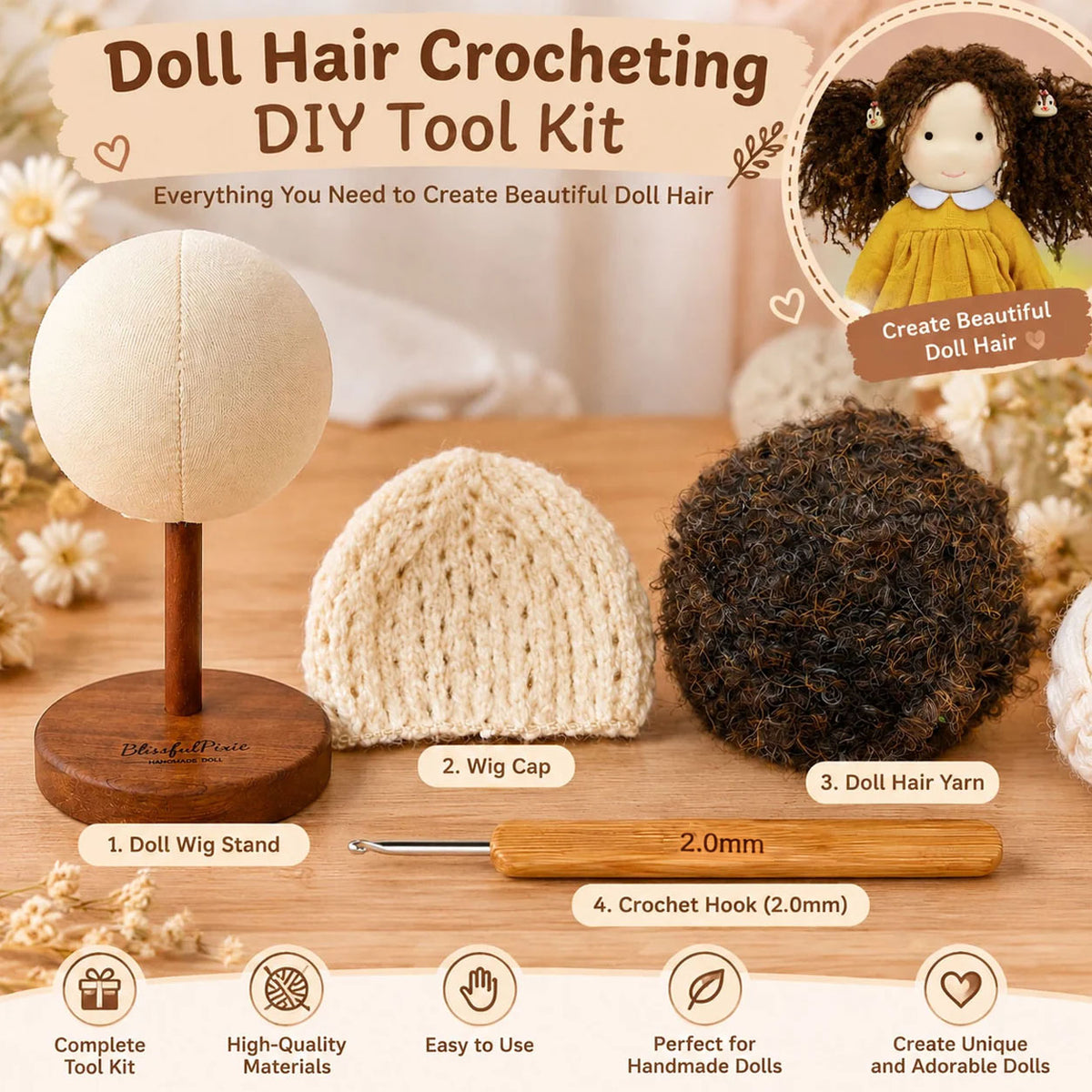 Doll Hair Crocheting DIY Tool Kit for Handmade Dolls, Wig Cap, Doll Hair Yarn, 2.0mm Crochet Hook Set, Doll Wig Making Supplies for Waldorf Dolls, Amigurumi and DIY Doll Hair Craft
