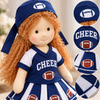 Blissfulpixie Handmade 12-Inch Waldorf Doll, Football Cheerleader Rag Doll with Red Curly Hair, Navy Blue One-Piece Dress, Football-Themed Outfit and Cap, Soft Cloth Doll Gift for Girls