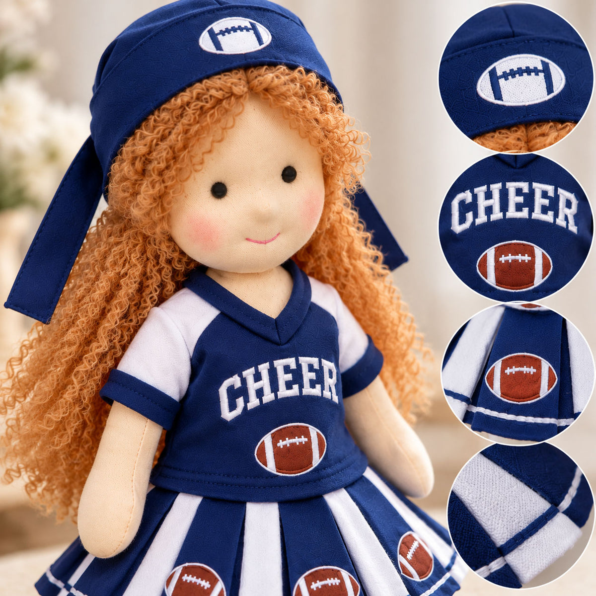 Blissfulpixie Handmade 12-Inch Waldorf Doll, Football Cheerleader Rag Doll with Red Curly Hair, Navy Blue One-Piece Dress, Football-Themed Outfit and Cap, Soft Cloth Doll Gift for Girls