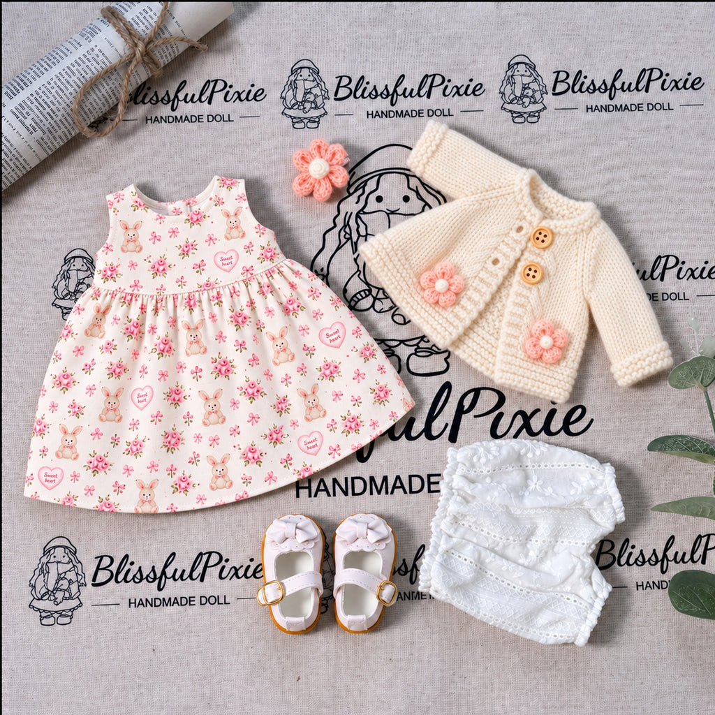 BlissfulPixie 12-Inch Waldorf-Style Doll with Brown Curly Hair, Pink Bow Hair Clip, Cream Knitted Cardigan, Bunny Print Dress & White Mary Jane Shoes – Cute Gift for Kids
