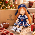 Blissfulpixie Handmade 12-Inch Waldorf Doll, Football Cheerleader Rag Doll with Red Curly Hair, Navy Blue One-Piece Dress, Football-Themed Outfit and Cap, Soft Cloth Doll Gift for Girls
