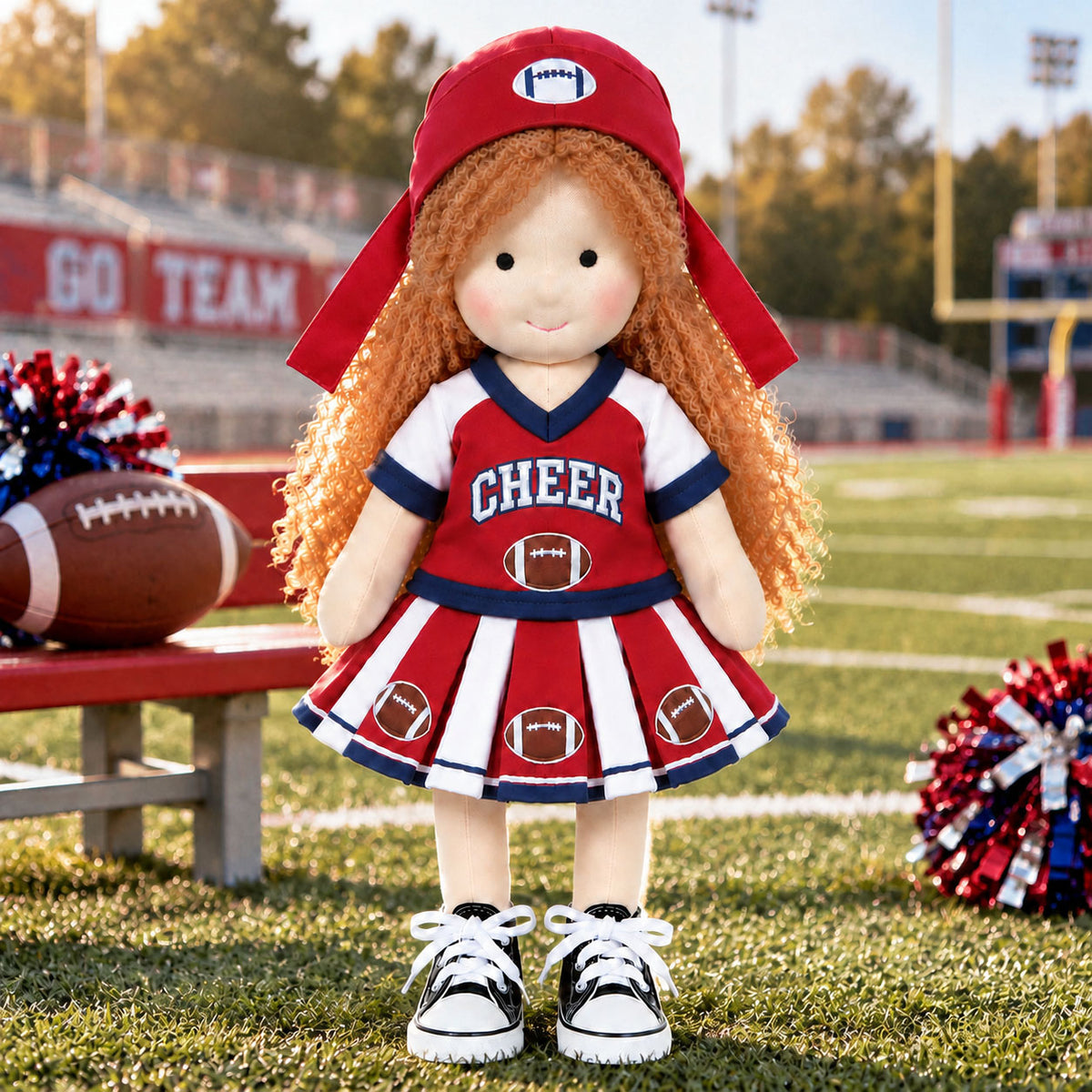 BlissfulPixie 12" Handmade Waldorf Doll, Soft Cloth Doll with Curly Yarn Hair, Cheerleader Football Dress, Sports-Themed Doll for Girls, Birthday & Christmas Gift