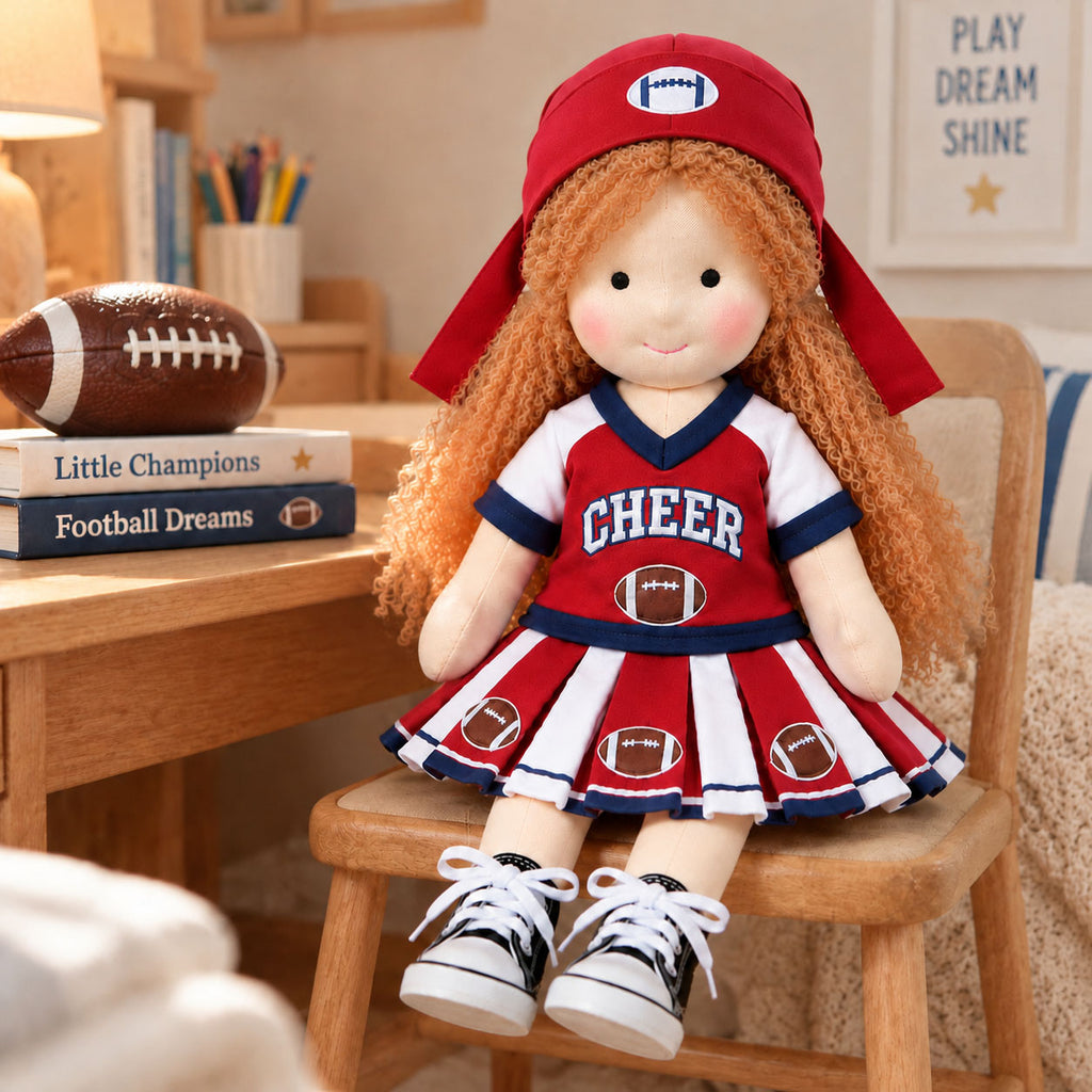 BlissfulPixie 12" Handmade Waldorf Doll, Soft Cloth Doll with Curly Yarn Hair, Cheerleader Football Dress, Sports-Themed Doll for Girls, Birthday & Christmas Gift