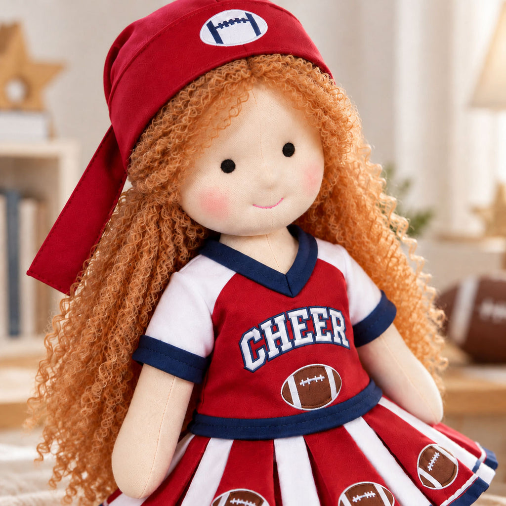 BlissfulPixie 12" Handmade Waldorf Doll, Soft Cloth Doll with Curly Yarn Hair, Cheerleader Football Dress, Sports-Themed Doll for Girls, Birthday & Christmas Gift