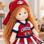 BlissfulPixie 12" Handmade Waldorf Doll, Soft Cloth Doll with Curly Yarn Hair, Cheerleader Football Dress, Sports-Themed Doll for Girls, Birthday & Christmas Gift