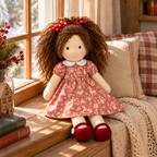 BlissfulPixie 12-Inch Handmade Waldorf Christmas Doll with Brown Curly Hair, Red Heart Bow, Pink Holiday Dress & Red Knitted Shoes – Christmas Gift for Kids