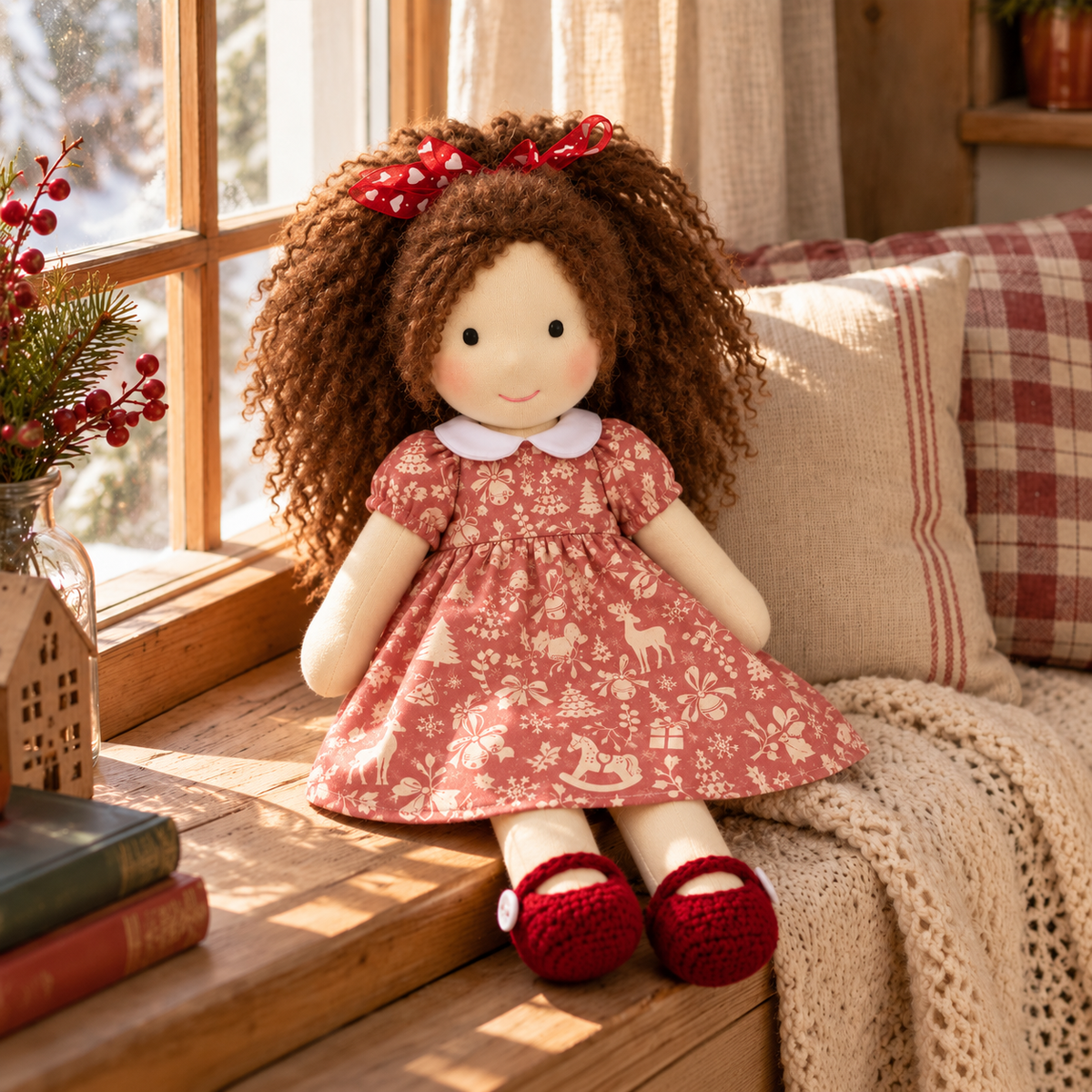 BlissfulPixie 12-Inch Handmade Waldorf Christmas Doll with Brown Curly Hair, Red Heart Bow, Pink Holiday Dress & Red Knitted Shoes – Christmas Gift for Kids