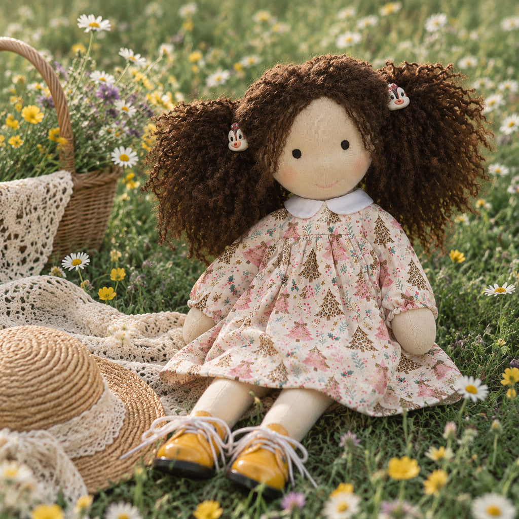BlissfulPixie 12 Inch Waldorf Doll, Soft Fabric Girl Doll with Curly Brown Hair, Christmas Tree Print Dress and Lace-Up Shoes, Holiday Gift for Kids