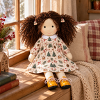 BlissfulPixie 12 Inch Waldorf Doll, Soft Fabric Girl Doll with Curly Brown Hair, Christmas Tree Print Dress and Lace-Up Shoes, Holiday Gift for Kids (Copy)