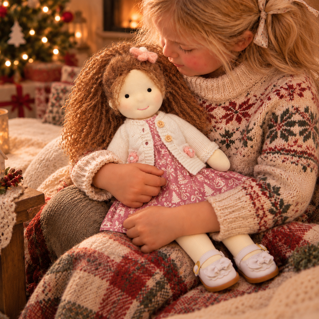 BlissfulPixie 12-Inch Handmade Waldorf Christmas Doll with Brown Curly Hair, Pink Holiday Dress, Cream Knitted Cardigan & Bow Shoes – Christmas Gift for Kids